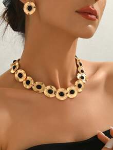2pcs Women Jewelry Set, Geometric Circle Grid Pattern Gradient Combination Necklace And Earrings, Classic Elegant Versatile For Daily, Festival, Party Wear - Yellow Gold - View 6