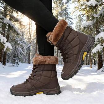 女士纯色户外保暖抽绳雪地靴，户外冬季保暖靴，户外防寒时尚女靴