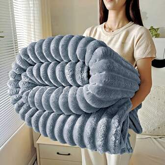 1pc Thick, Oversized Faux Rabbit Fur Plush Milk Fleece Blanket, Large Striped Blue-Gray, Soft Nap, Double-Sided Warm, Multipurpose - Can Be Used As Office Nap Blanket, Sofa Throw, Travel Car Blanket, Air Conditioning Blanket, Suitable For All Seasons And Scenarios For The Whole Family
