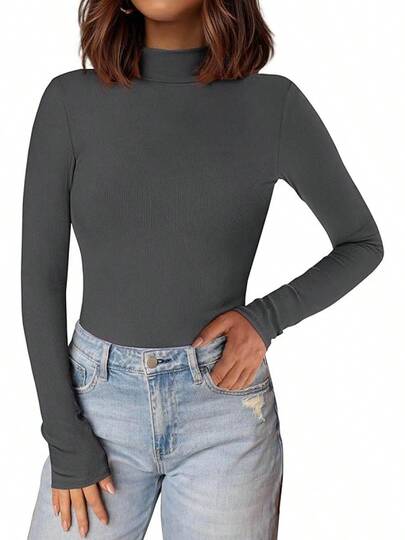 Camisas de manga larga para mujer, cuello alto, camisetas básicas acanaladas, ajustadas, con capas térmicas, moda 2025