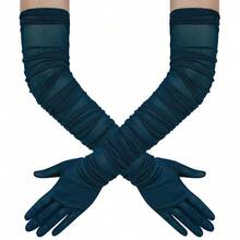 Hazhlko Women's Super Long Stretchy Ruched Mesh Tulle Sheer Gloves Costume Opera Party 1920's Dance Gloves{"Color_name":"Teal"} - Teal - 查看 1