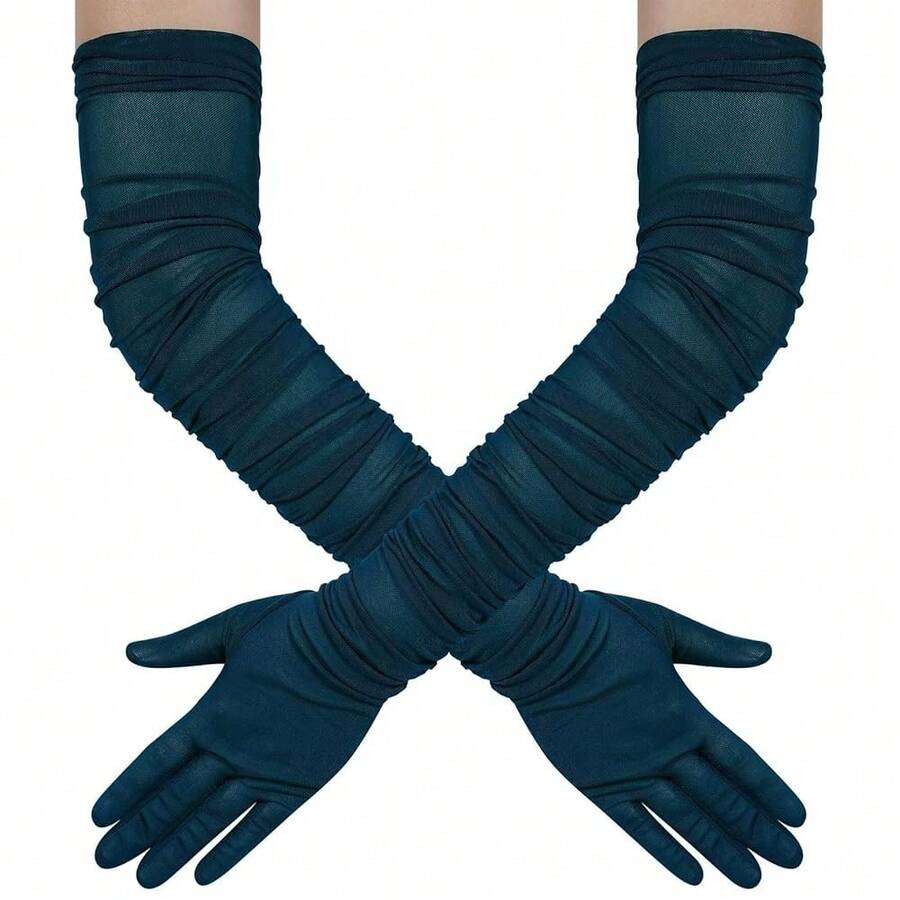 Hazhlko Women's Super Long Stretchy Ruched Mesh Tulle Sheer Gloves Costume Opera Party 1920's Dance Gloves{"Color_name":"Teal"} - Teal - 查看 1