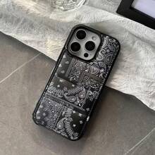 Fashionable Retro Black Line Down Jacket Protective Case With Cashew Flower Pattern, Suitable For  11, 12, 13, 14, 15, 16 Pro Max, Cashew Flower Shockproof Phone Case.-For-Your-New- - 1PC - 查看 3