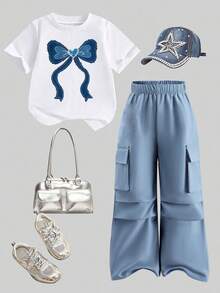 2pcs Tween Girl Bow Print Long Sleeve Top And Cargo Pants Set - White - View 1