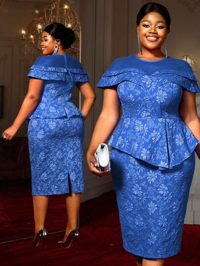 Elegant Bodycon Jacquard Party Dresses Mesh Patchwork Peplum Belly Hide Plus Size Women