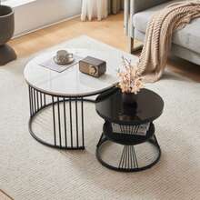 (Original SKU = WF300417BAA) Modern Coffee Table, Coffee Table Set, High Gloss Marble Top, Sofa Side Table, Round Coffee Table, Set Of 2, Black Frame - Black - View 2