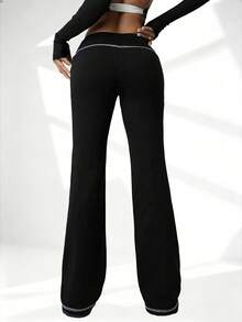 Pantalones acampanados de cintura alta con forro térmico, pantalones acampanados suaves y estilizadores, leggings gruesos de unicolor con control de barriga, pantalones anchos de yoga, entrenamiento y running de gran elasticidad, pantalones ceñidos casuales y cómodos, mallas deportivas para mujer - Negro - Ver 3