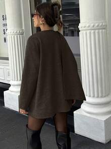 Women's Autumn/Winter Fashion Simple Solid Color Lapel Patchwork Pocket Woolen Coat, Belt Not Included - Coffee Brown - View 7