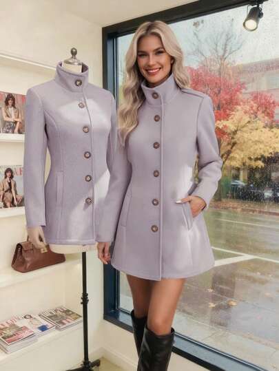 Women's Fitted Waist Pocket Single-Breasted High-Neck Stand Collar Lapel Black Mid-Length Wool Overcoat,Christmas