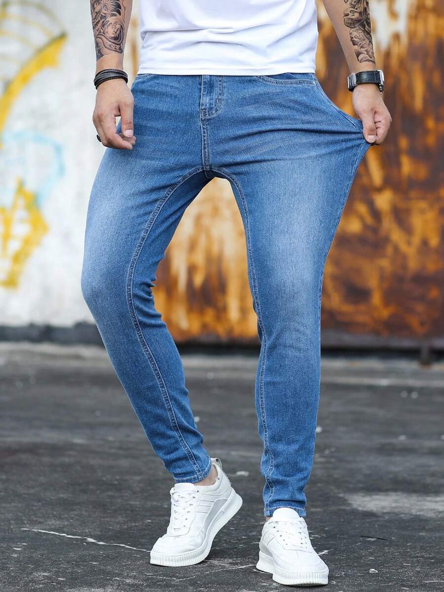Nuevo 2025, pantalones vaqueros ajustados elásticos para hombres, jóvenes, negros, azules, azules claros, cintura media, tubos rectos, ocio diario, comodidad, adecuados para todas las estaciones - Azul claro - Ver 1