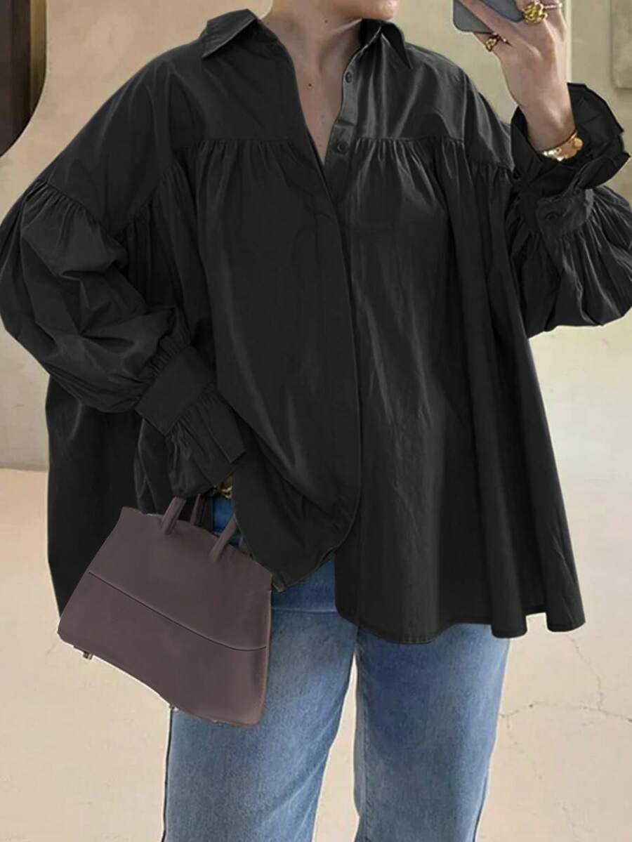女士休闲衬衫，纽扣开襟喇叭袖衬衫，纯色涤纶黑色春季款