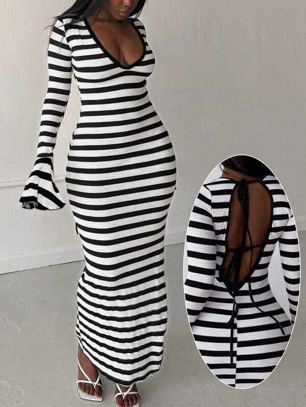 Vestido maxi casual de mujer talla grande con estilo francés elegante, de manga larga, cuello en V, estampado de rayas, con lazo en la espalda, para fiestas, bodas, Navidad, Año Nuevo, Acción de Gracias, en negro y blanco