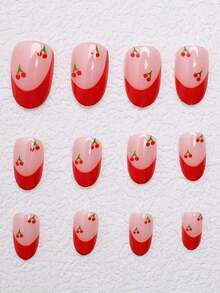 24Pcs Chic French Cherry Blossom Press-On Nails Set - Glossy Red Almond Shape, Short Length, Fruit Design For Women & Girls Nail Supplies Nails - 彩色 - 查看 4