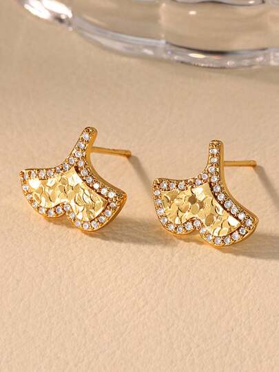 1Pair Luxury Zirconia Ginkgo Leaf Stud Earrings For Women 18K Gold Plated Stainless Steel Ginkgo Leaf Party Christmas Jewelry Gift
