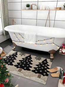 1 件装圣诞树图案浴室地垫，防滑涤纶纤维地毯，可机洗速干绒面地垫，低绒针织涤纶材质，TPR 背衬，节日浴室装饰 - 彩色 - 查看 9