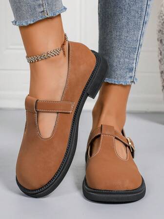 Women's New Lolita Fashion Camel Color Mary Jane Shoes, French British Style, Buckle Design, Round Toe, Non-Slip Sole, Loafers, New College Style Business Formal Commuter Flat Shoes