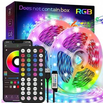 1条智能LED灯带，高品质RGB变色灯带，支持App控制，44键遥控器，音乐同步，适用于家居装饰、卧室、厨房、电视、节日派对，是生日、毕业、圣诞节装饰的最佳礼物，房间装饰LED灯。