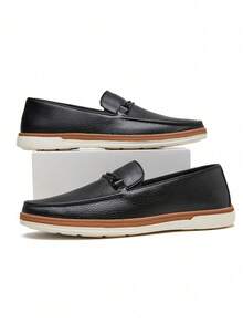 Desai 复古英伦风乐福鞋，压纹皮革男士休闲一脚蹬鞋，撞色饰边和鞋底，商务休闲通勤鞋 - 黑色 - 查看 4