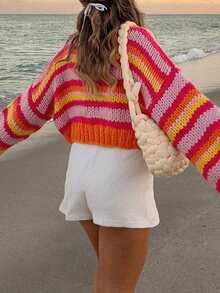 Women's Fashionable Color Block Long Sleeve Contrast Striped Christmas Crew Neck Drop Shoulder Pullover Oversize Top Knit Fall Winter Sweater - Multicolor - View 7