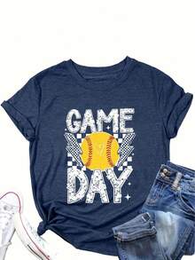 Game Day Short Sleeve Softball Mom Ladies Top, Comfortable Fabric - 2026 New Women's T-Shirts - Easter Tops  - White Tanktop - Summer Top - Easter Outfit Women - 海軍藍 - 查看 5