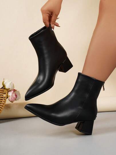 Plus Size Wide Fit Elegant Pointed Toe Ankle Boots, Chunky Heel Zipper Back Ankle Boots, Fashion High Heel Ankle Boots, Casual Office Wear Boots For Women