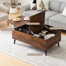 CLIPOP Mesa de centro regulable en altura, mesa de salón retráctil, tablero elevable, mesa auxiliar con compartimento oculto, mesa de sofá de madera, para salón, oficina - Marrón - Ver 8