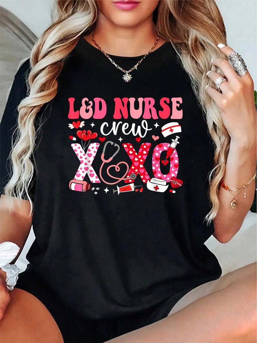 L&D Valentines Nurse Crew Labor And Delivery Valentines Day T-Shirt - 100% Cotton Graphic Tees Women, Womens Relaxed Fit Clothing For All Seasons - 黑色 - 查看 1