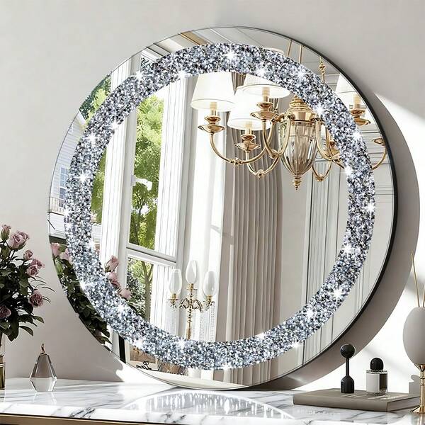 Crushed Diamond Round Glass Wall Mirror, Crystal Crush Diamond Mirror, Wall Decoration Hanging Mirror, Glam Bling For Bathroom, Entryway And Bedroom Wall Decoration