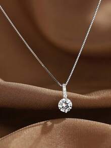 925 Sterling Silver Single Diamond Necklace For Women, Dainty Box Chain, Minimalist Sparkly Pendant Clavicle Chain, Gift