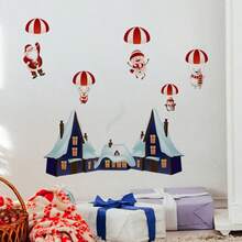 Adhesivos navideños de pared, modernos adhesivos autoadhesivos para decorar puertas y paredes de tiendas. Diseños de Papá Noel, muñecos de nieve y paracaídas con una casa nevada. Decoración festiva para las fiestas navideñas.