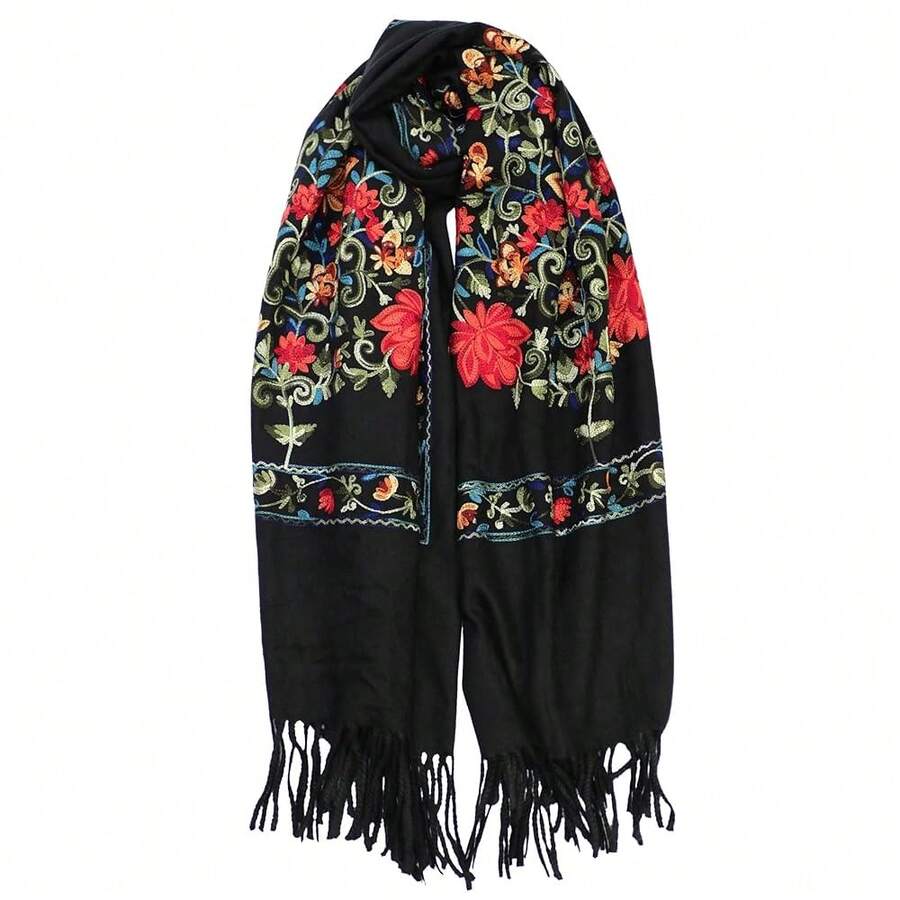 Women's Embroidered Oversize Tassel Pashmina Shawl Scarf Gift For Women{Inchcolor_nameinch:InchBlackinch} - đen - Xem 1