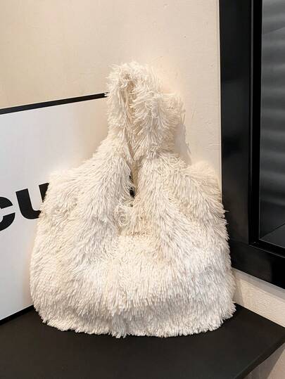 1pc Autumn/Winter Large Capacity Fluffy Shoulder Bag, Casual Furry Tote Bag, Versatile For Women, Suitable For Travel, Vacation And Daily Shopping, Great Gift For Mom