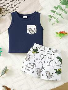 BrownBark 两件套男婴柔软舒适休闲套装，无袖圆领可爱恐龙图案上衣和短裤套装，活泼可爱风格，适合夏季外出穿着。 - 藏蓝色 - 查看 1