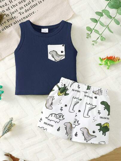 BrownBark 2pcs Baby Boys' Soft & Comfortable Casual Outfit, Sleeveless Crew Neck Cute Dinosaur Pattern Vest & Shorts Set, Lively & Adorable Style Suitable For Summer Outings