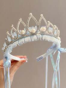 1pc Girls' Fairy Icy Snow Headband, Sweet Princess Ribbon Veil Crown Hair Accessory - Blue - View 4