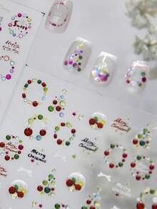 1PC Jelly Colorful Christmas Wreath Press-On Nail Stickers Festive Tree Bow 5D Nail Art With Multi-Dimensional Holiday Playful Seasonal Self-Adhesive Nails For Women's Merry DIY Manicure Decals