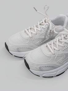 DareSee 秋冬新款女士休闲运动鞋，厚底运动鞋，白色鞋，情侣款，圆头系带，网布和皮革拼接，透气，百搭，印花和涂鸦，学院风，户外徒步休闲通勤鞋，圣诞礼物