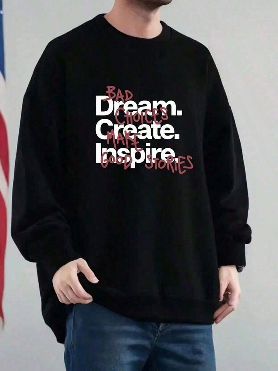 BAD DREAM, Choices Create MAKE Inspire Good Stories Print Oversized Men'S Round Neck Drop Shoulder Sweatshirt -Autumn And Winter Basic Pullover Long Sleeve Casual Hoodie,Fall Hoodies,Men's Fall Clothes,Street Wear,Halloween,Mens Hoodies,Y2k Clothes,Jesus Hoodie,Thanksgiving Day,Nightmare Before Christmas,Christmas2025 - 黑色 - 查看 1