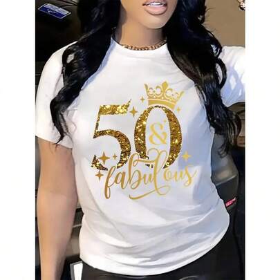 [Golden Sequin Birthday Tee] Women's "Fabulous" Golden Sequin Letter T-Shirt | 50th Birthday Celebration Apparel, Casual Round Neck Short Sleeve Tee for Spring/Summer - Machine Washable Graphic Top