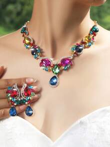 1 Set Luxury Green Necklace And Earrings Jewelry Set, Exaggerated Rhinestones Vintage Alloy Women Bridal Wedding Party Accessories - Peacock - View 10