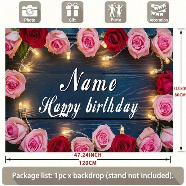 1 pezzo Striscione personalizzato per Buon Compleanno - Disegno personalizzato con rose rosa e nastro rosso, sfondo fotografico in poliestere durevole, adatto per compleanni, matrimoni e feste, ottimo per foto e decorazioni di festa