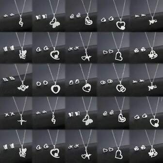 5pcs/Set Minimalist Stainless Steel Jewelry Set For Women, Elegant Cute Butterfly & Heart Earrings Necklace Set, Fashion Jewelry Gift For Party, Wedding, Daily Wear, Random Delivery