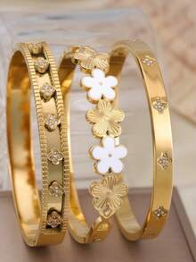 3pcs/Set Fashionable Clover Stainless Steel Bracelet For Women, Suitable For Wedding, Anniversary, Party Gift, Stacking - Yellow Gold - View 1