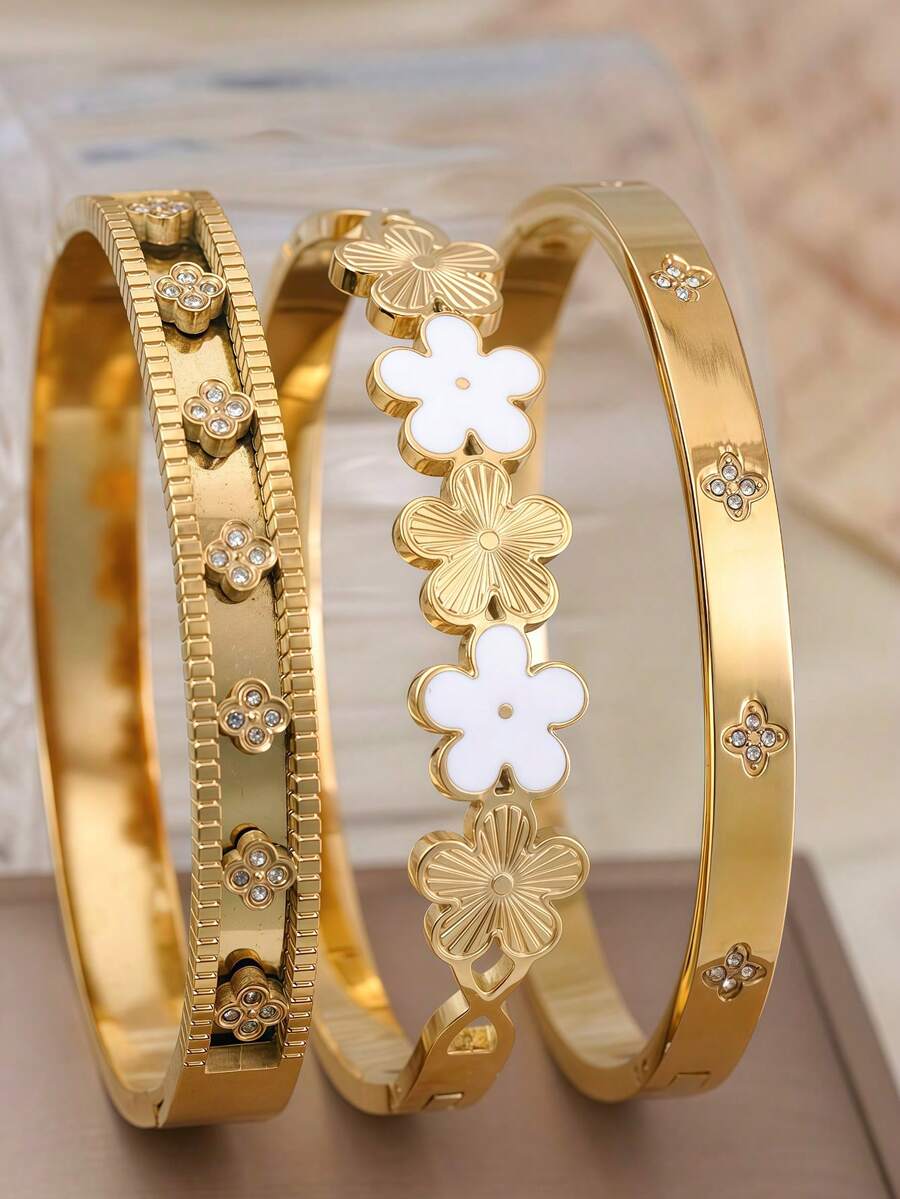 3pcs/Set Fashionable Clover Stainless Steel Bracelet For Women, Suitable For Wedding, Anniversary, Party Gift, Stacking - Yellow Gold - View 1