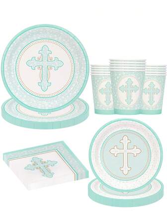 10pcs/20pcs/50pcs/80pcs Blue Baptism Plates Cups And Napkins Party Supplies Tableware Set First Holy Communion Party Supplies Baptism Decorations For Boys Easter Paper Plates And Napkins Religious Confirmation Decorations