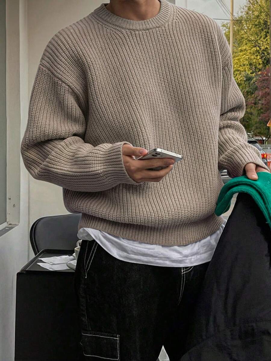 Lightweight, Warm Knit Pullover Sweater, Loose Fit, Polyester Fabric, Casual, Collegiate Style, Unisex Design, Long Sleeve, Drop Shoulder, Minimalist Crew Neck, Suitable For Autumn And Winter - 卡其色 - 查看 1