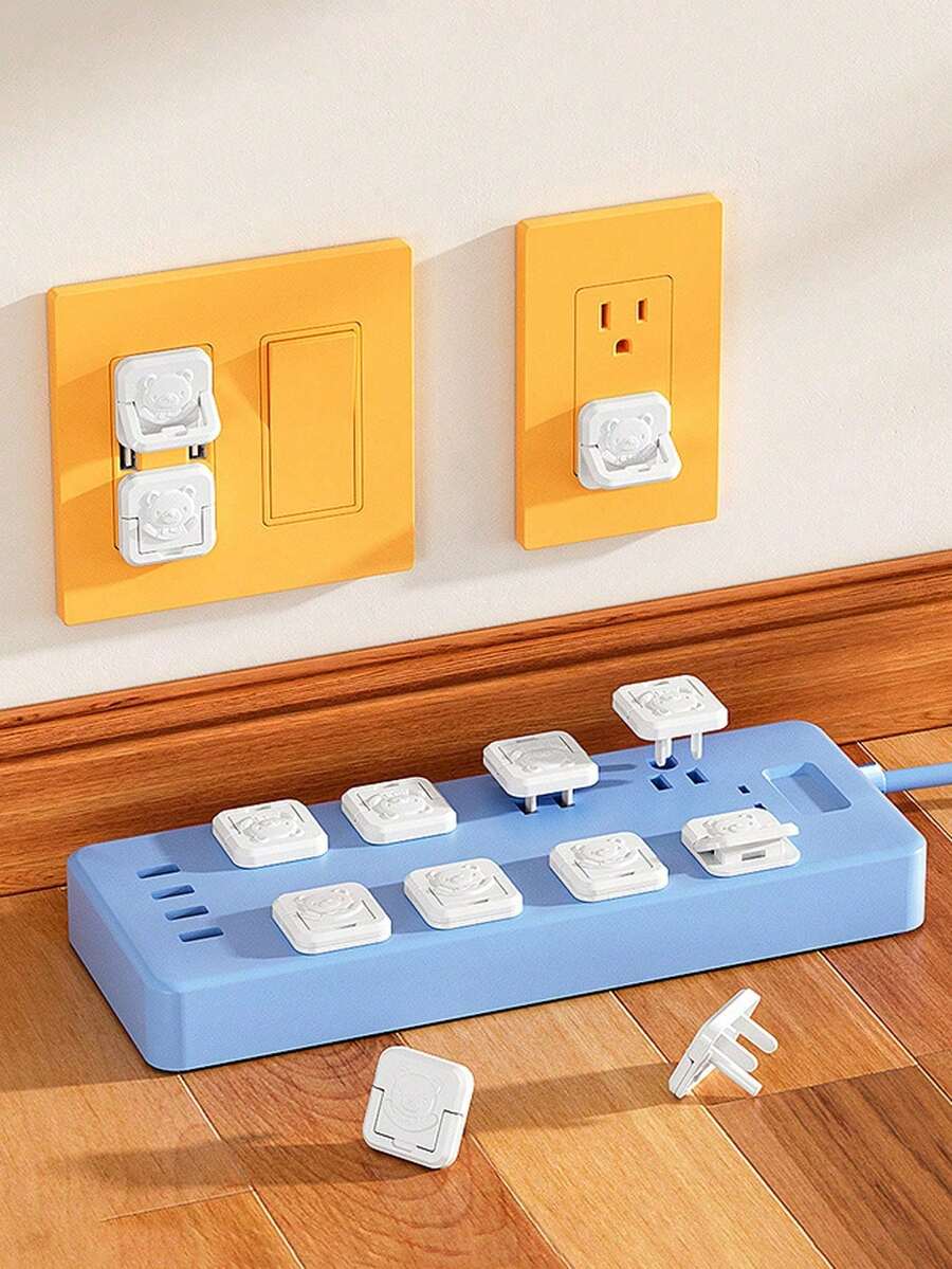 10个装阻燃三孔小熊防触电保护盖插座面板插头盖，防漏，阻燃材质，插头帽 - 白色 - 查看 1