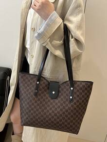 Bolso de mano grande con estampado de letras, bolso de hombro acolchado en forma de Y para mujeres, para ir al trabajo - Café - Ver 2