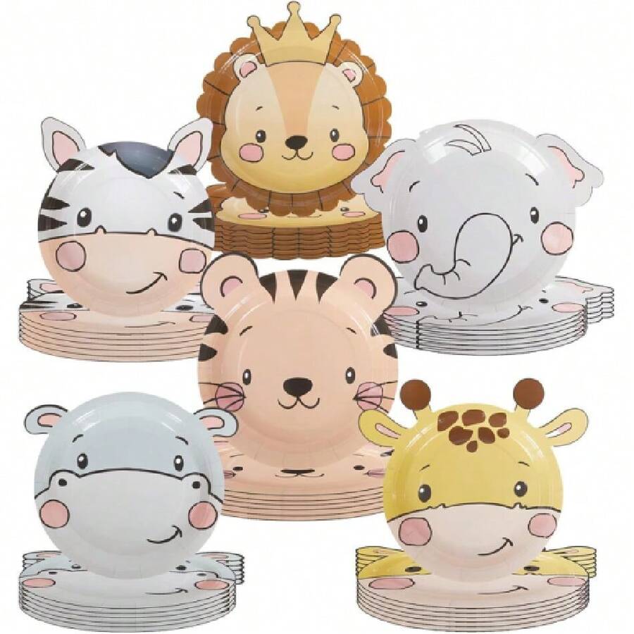 60 Pcs Jungle  Party Paper Plates For Party Drations 7 In Animal Shaped Wildlife Plates  Tableware Dinnerware Set For  Shower Boys Girls  Birthday Supplies,25837072 - 彩色 - 查看 1