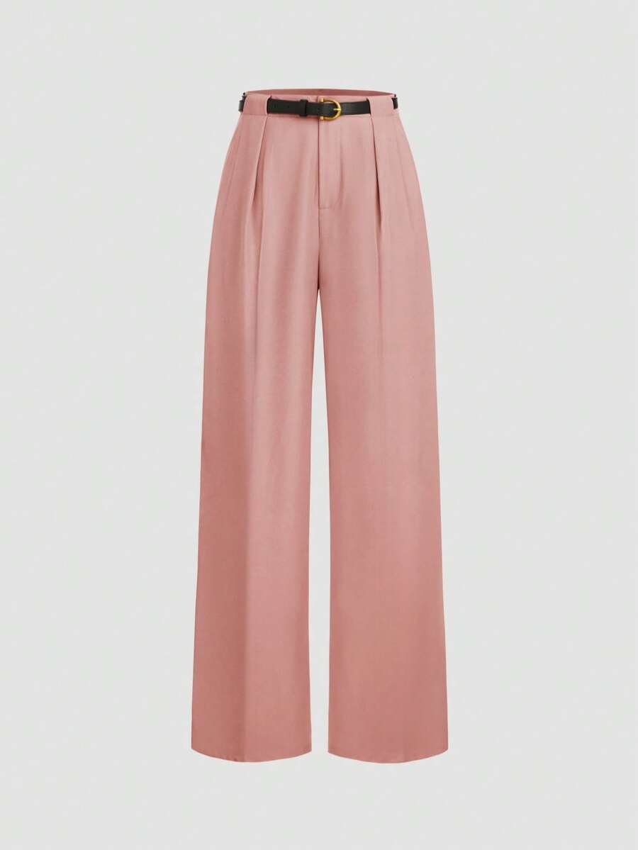 Mid-Waist Solid Color Elegant Straight-Leg Pants With Belt - Pink - View 1